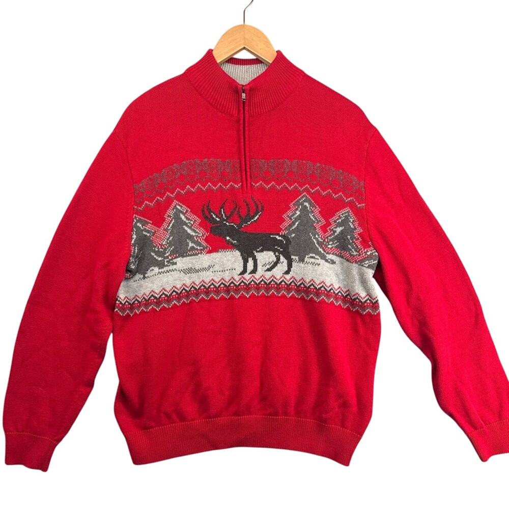 Chaps Red Holiday Moose Reindeer 1/4 Zip Pullover Knit Sweater Men XL